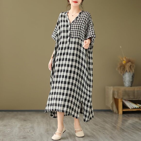 Women's Linen Dress Summer Casual Loose Gingham Midi Cotton Flowy - Picture 5 of 7